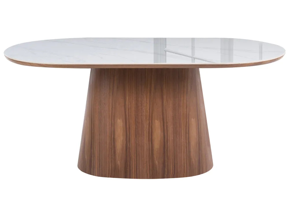 Round table with wooden base and glass top on a white background