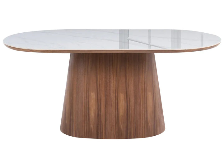 Round table with wooden base and glass top on a white background