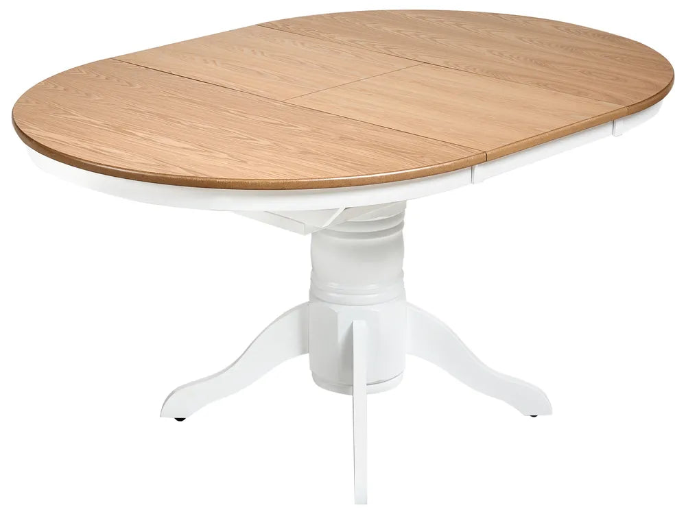 Dining table with wooden top and white base on a white background