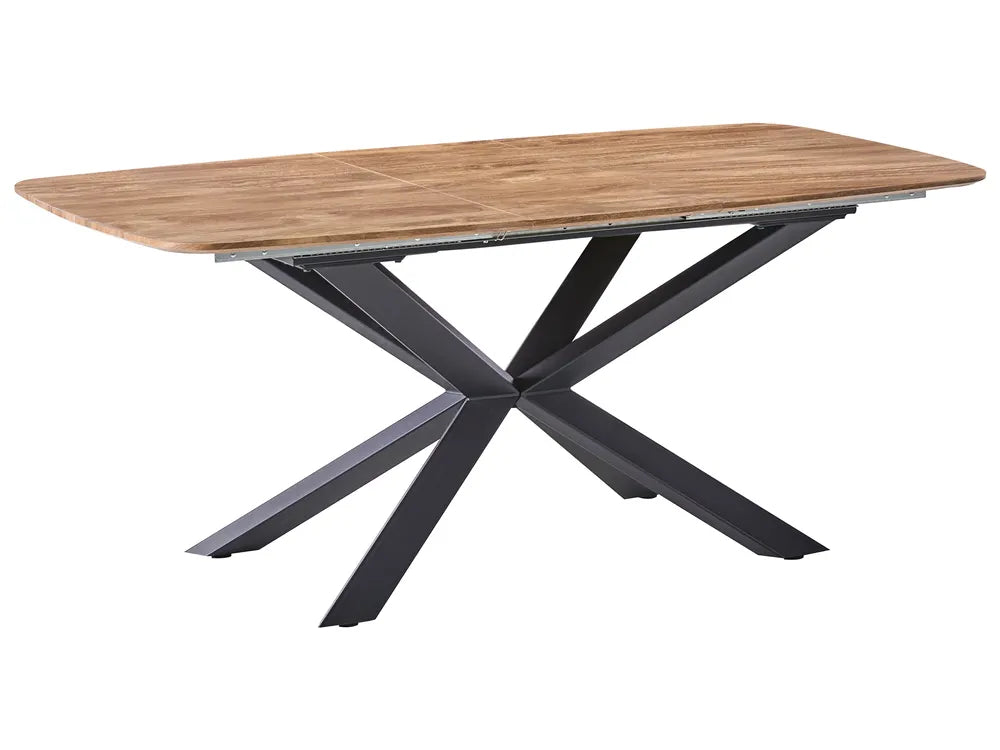 Wooden table with black metal legs on a white background