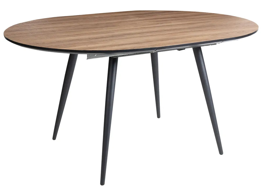 Wooden dining table with black legs on a white background