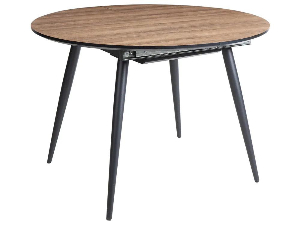 Round wooden table with black metal legs on a white background