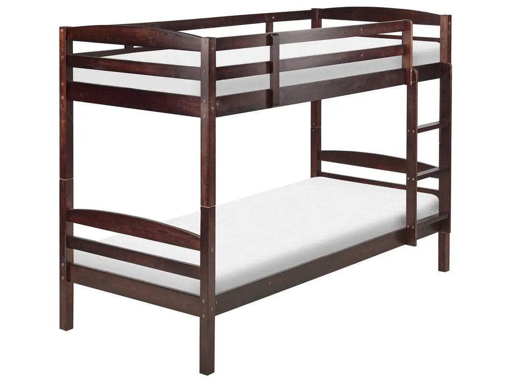 Wooden bunk bed with white mattresses on a white background