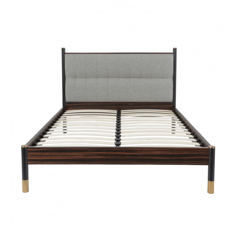 Bed with wooden frame and gray upholstered headboard on a white background