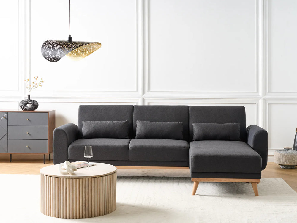 Corner Sofa Bed 3 Seater Fabric Black Left Hand Andress