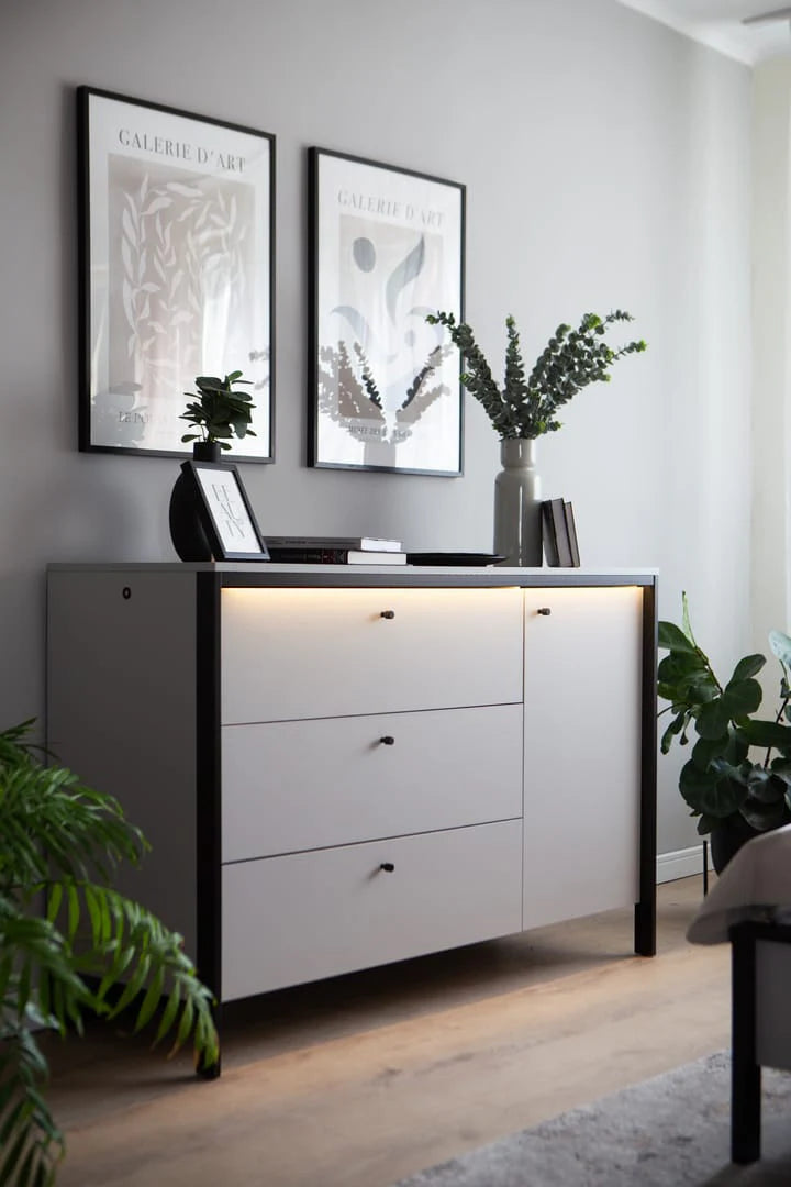 Gris Sideboard Cabinet - Modern Grey & Black Bedroom Furniture with LED Lighting