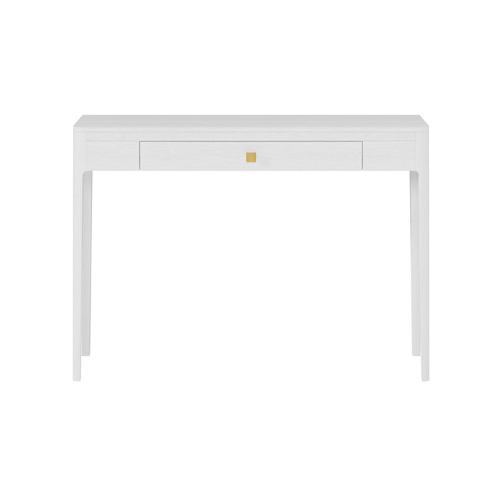 White desk with a small logo on a white background