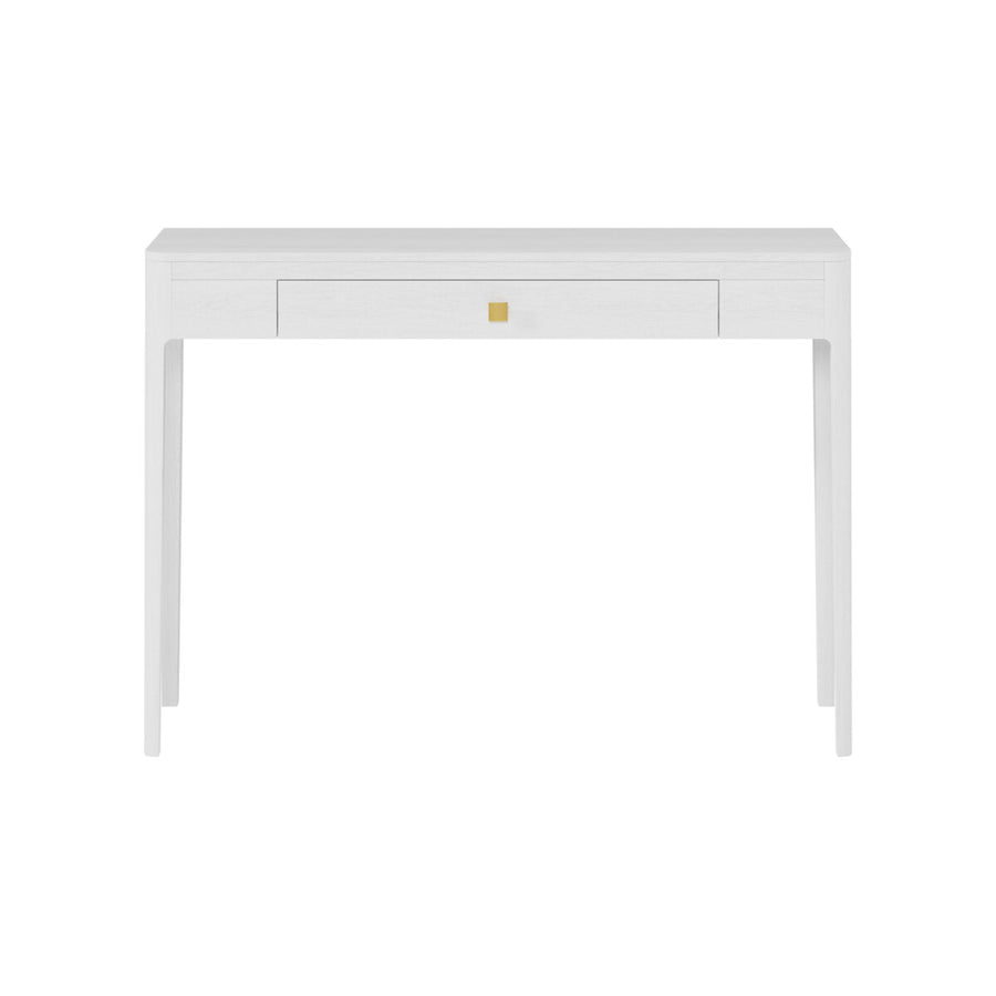 White desk with a small logo on a white background