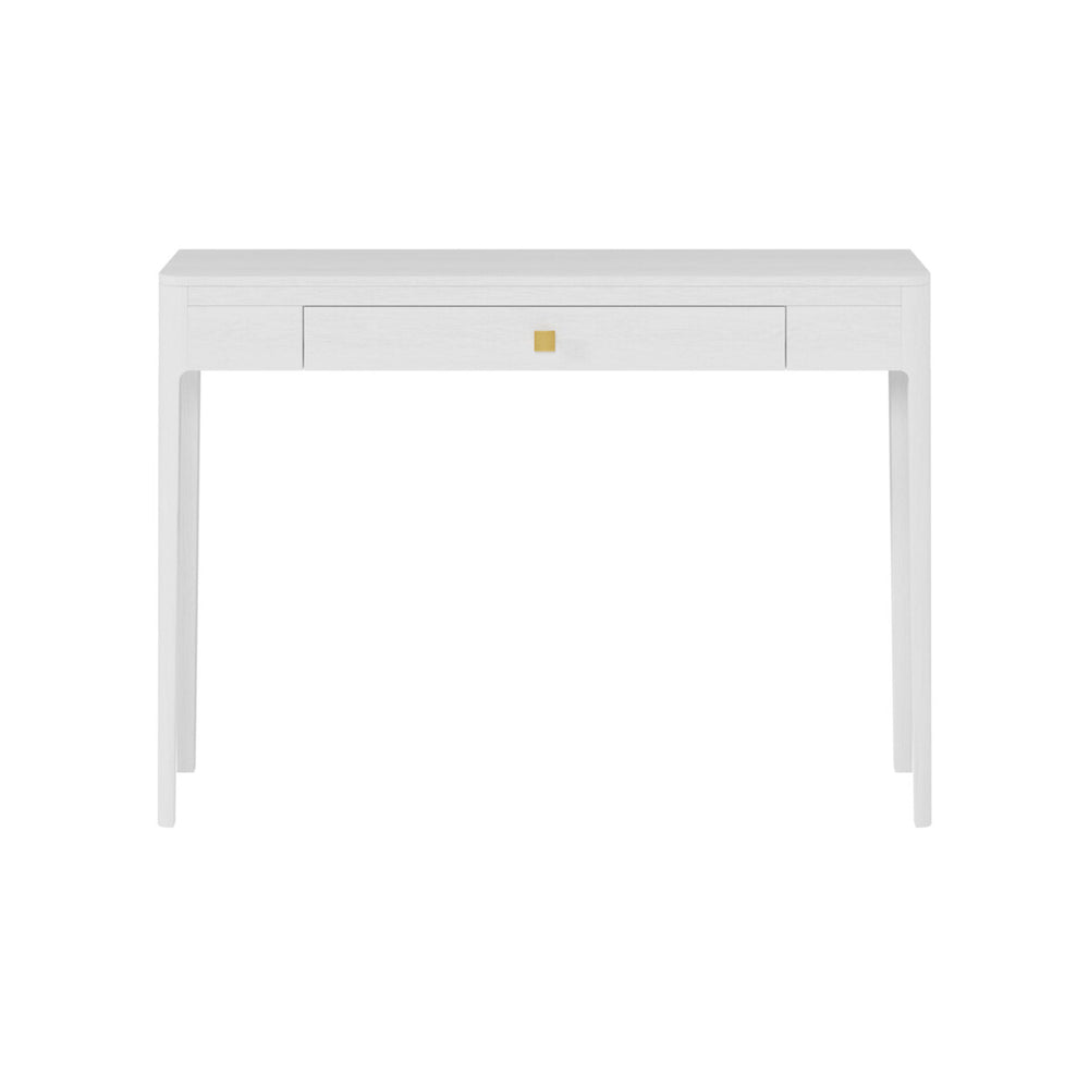White desk with a small logo on a white background