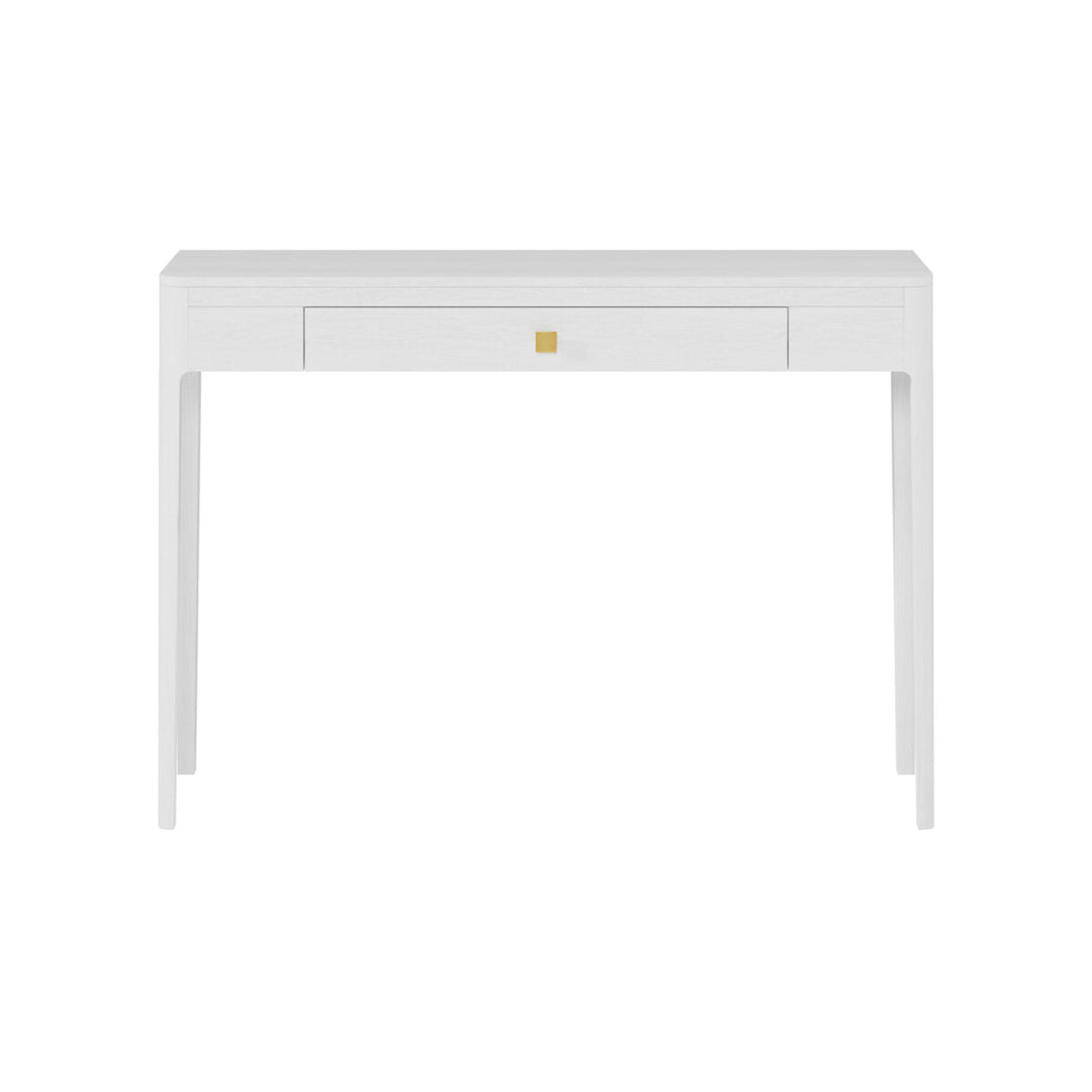White desk with a small logo on a white background