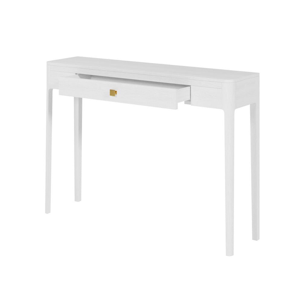 White desk with a small logo on a white background
