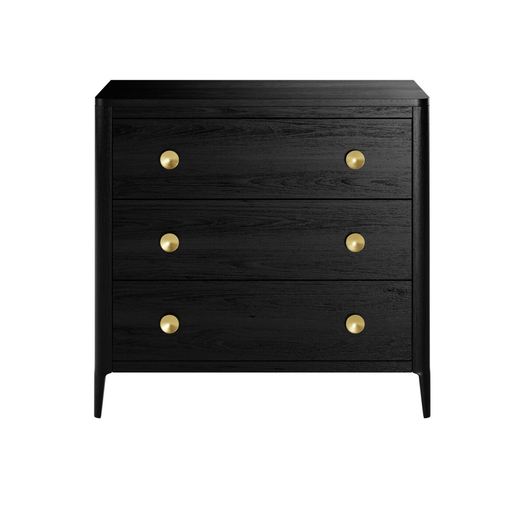 Black dresser with gold knobs on a white background