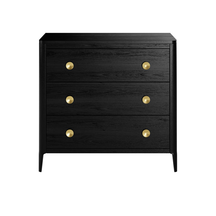 Black dresser with gold knobs on a white background