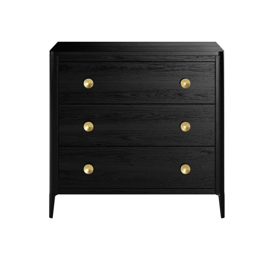 Black dresser with gold knobs on a white background