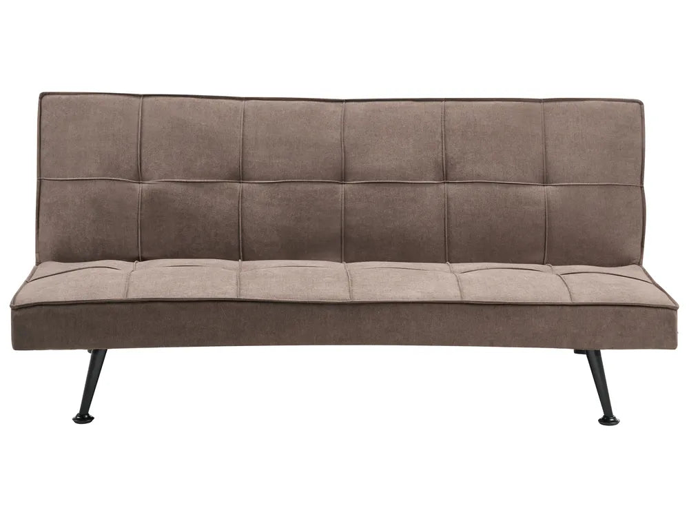 Brown fabric sofa bed with black metal legs on a white background