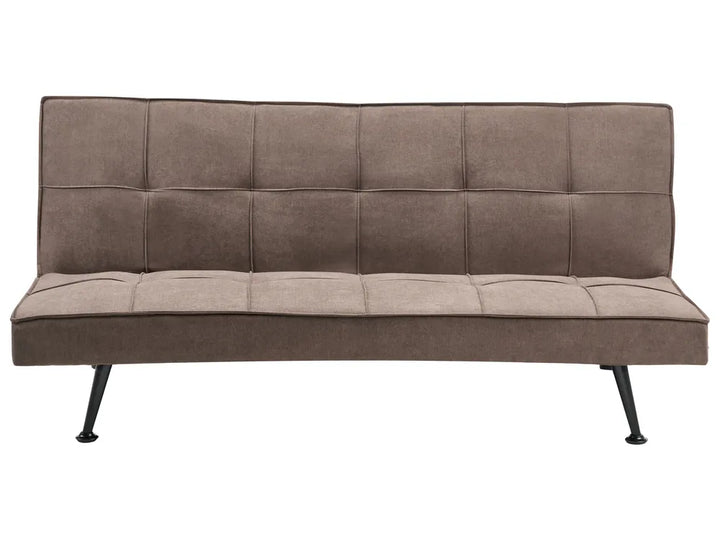 Brown fabric sofa bed with black metal legs on a white background