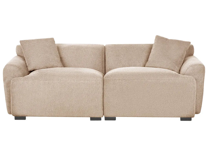 Beige 3 seater sofa with deep seats and padded armrests