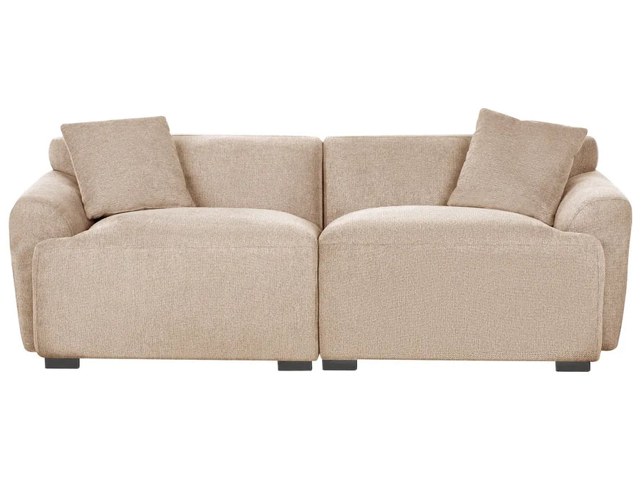 Beige 3 seater sofa with deep seats and padded armrests