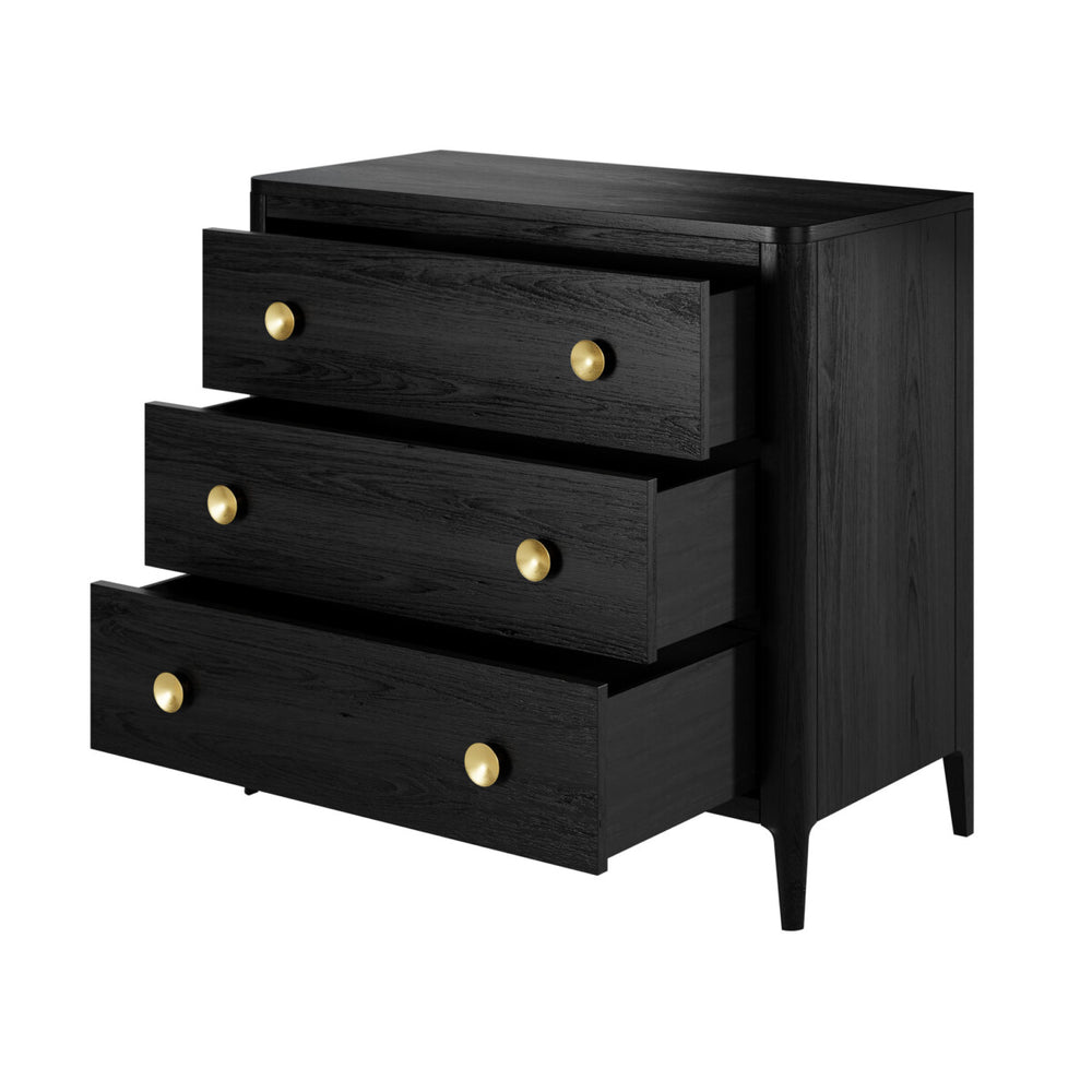Black dresser with gold knobs on a white background