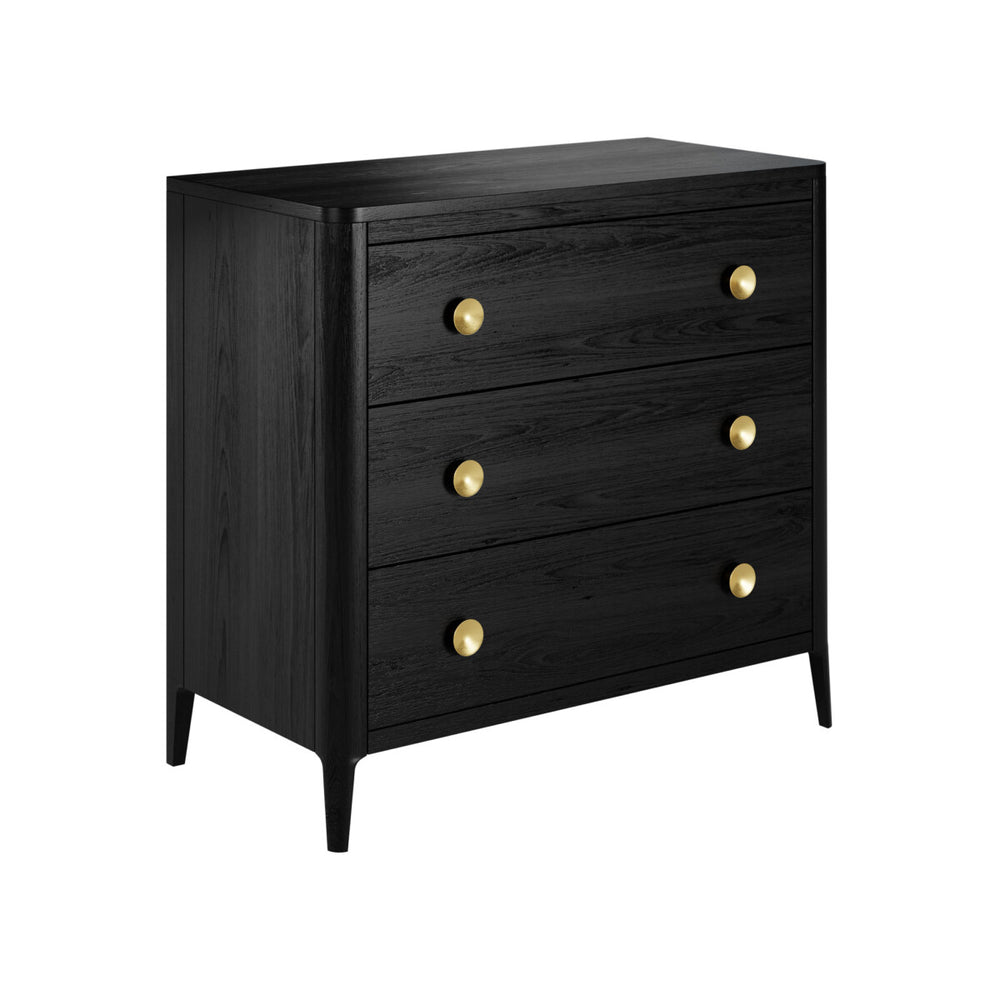 Black dresser with gold knobs on a white background