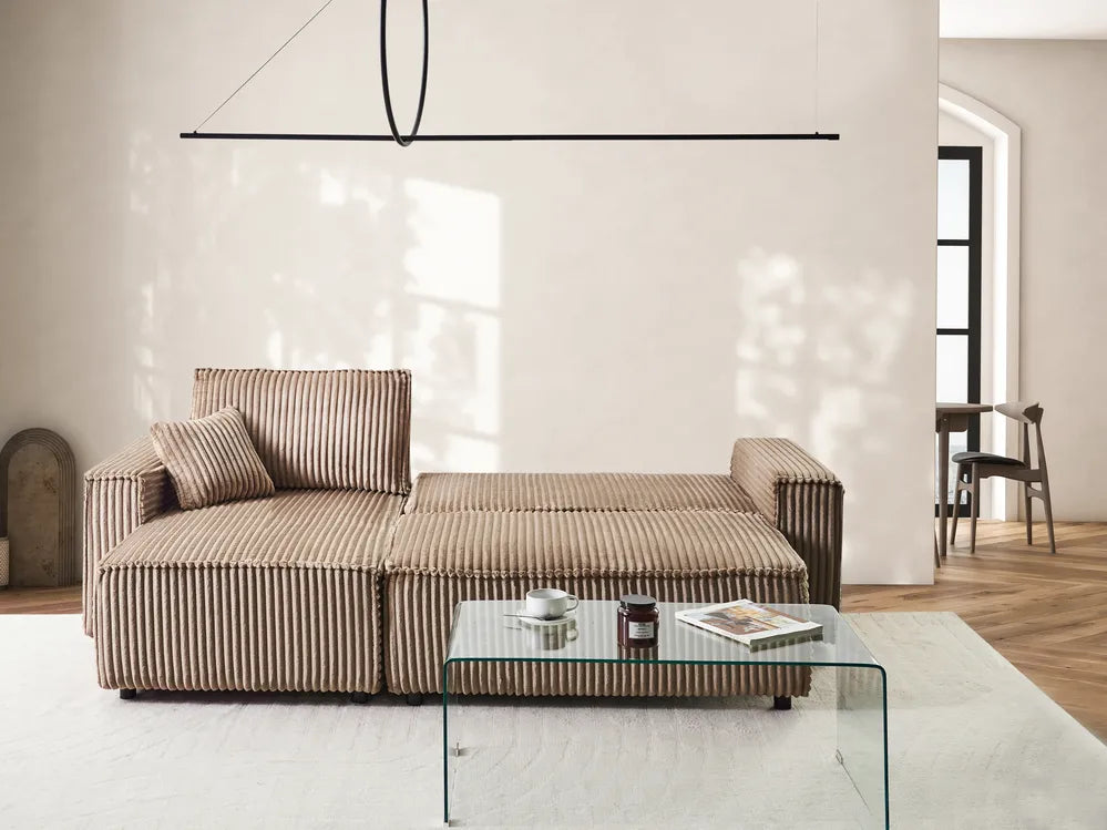 Corner Sofa Bed 3 Seater Corduroy Light Brown with Storage Right Hand Middale