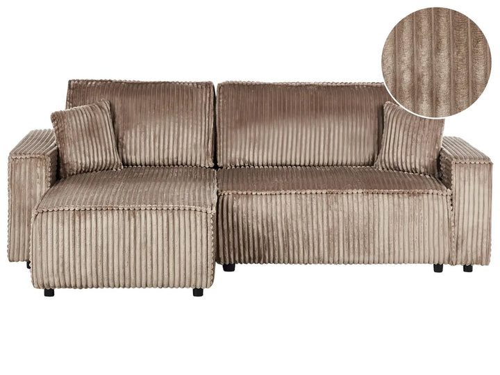 Corner Sofa Bed 3 Seater Corduroy Light Brown with Storage Right Hand Middale
