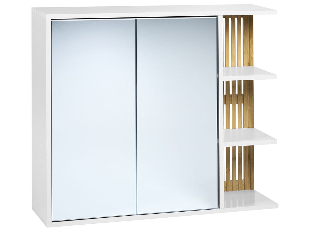 White wardrobe with sliding glass doors and wooden shelves on a white background