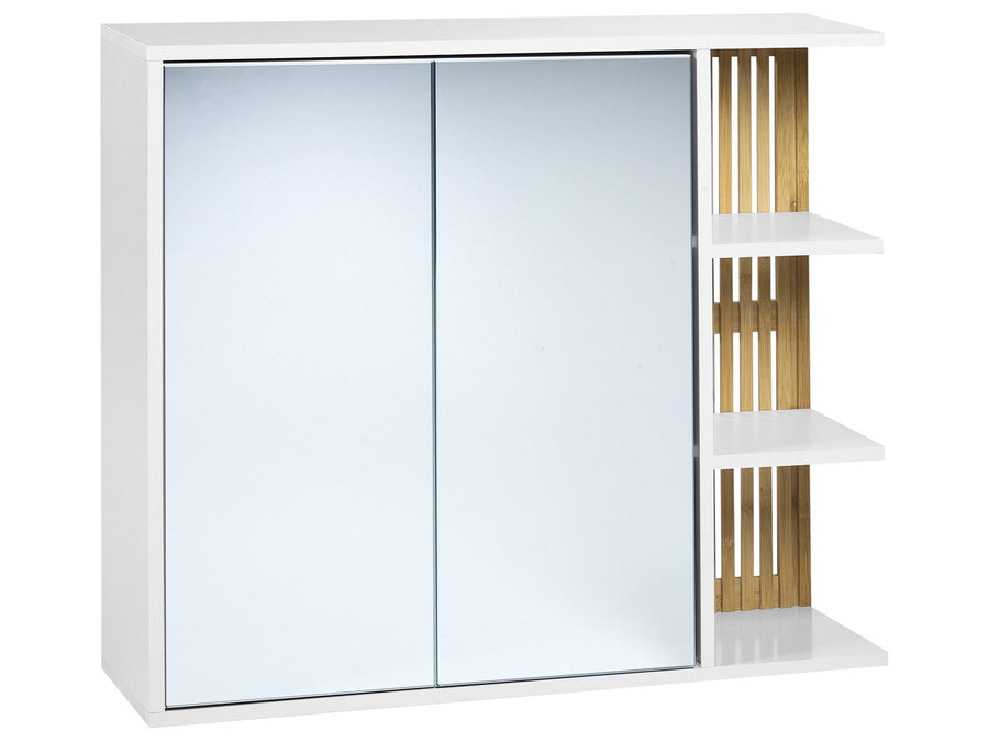 White wardrobe with sliding glass doors and wooden shelves on a white background