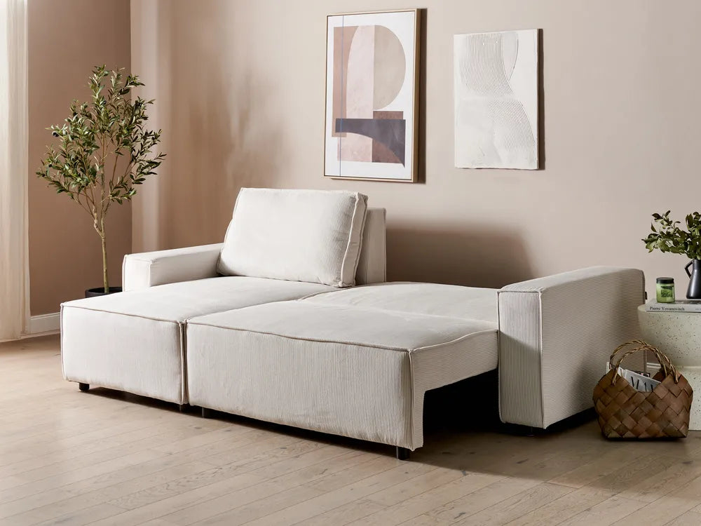 Corner Sofa Bed 3 Seater Corduroy Off-White Right Hand Middale