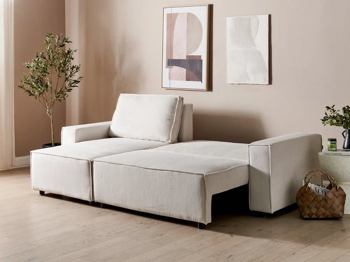 Corner Sofa Bed 3 Seater Corduroy Off-White Right Hand Middale