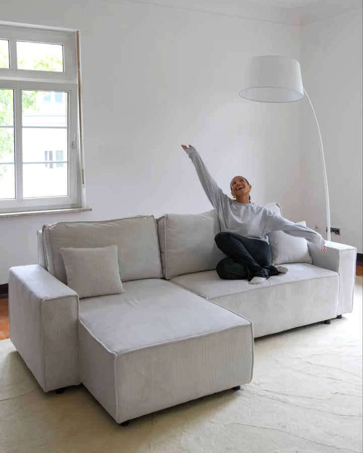 Corner Sofa Bed 3 Seater Corduroy Off-White Right Hand Middale