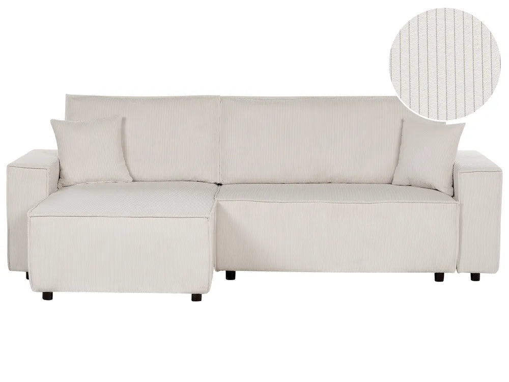 Corner Sofa Bed 3 Seater Corduroy Off-White Right Hand Middale