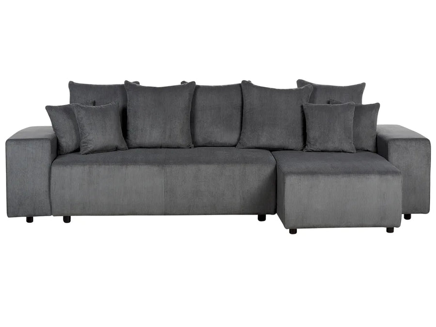 Gray sectional sofa with multiple cushions on a white background