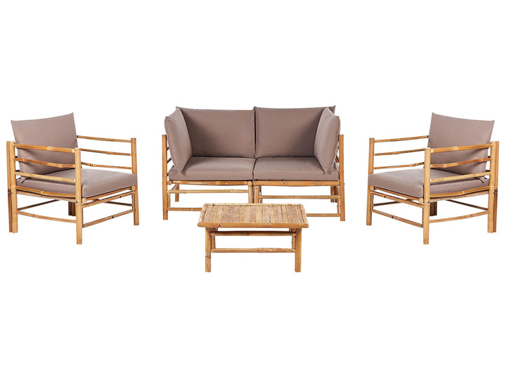 A bamboo wood garden lounge set with taupe cushions, including a sofa, two armchairs, and a coffee table.