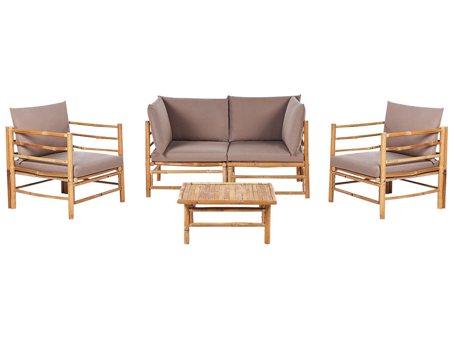 A bamboo wood garden lounge set with taupe cushions, including a sofa, two armchairs, and a coffee table.