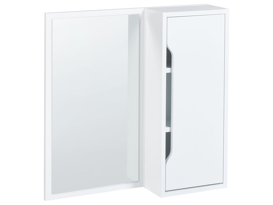 White corner cabinet with a mirror on a white background