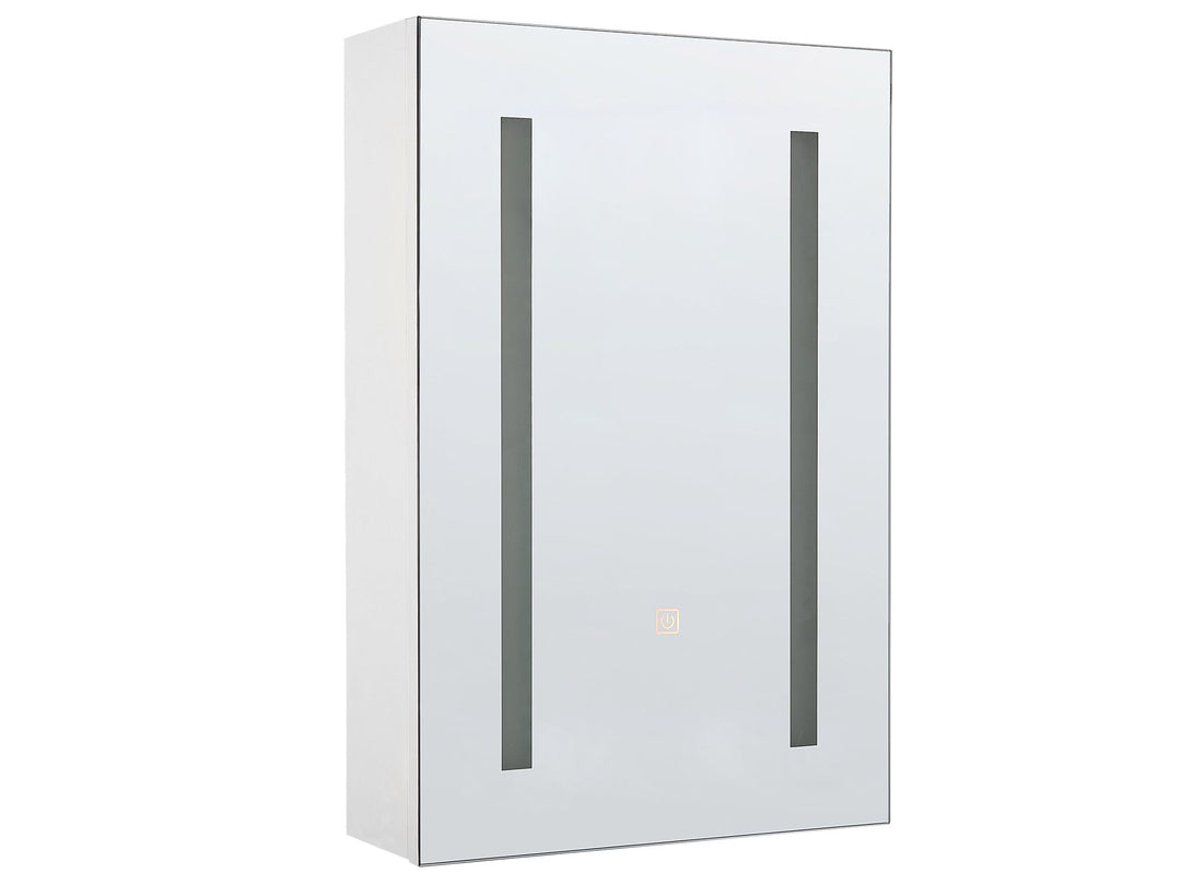 White wall-mounted cabinet with glass panels on a white background