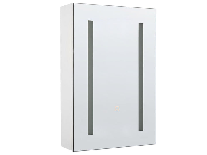 White wall-mounted cabinet with glass panels on a white background