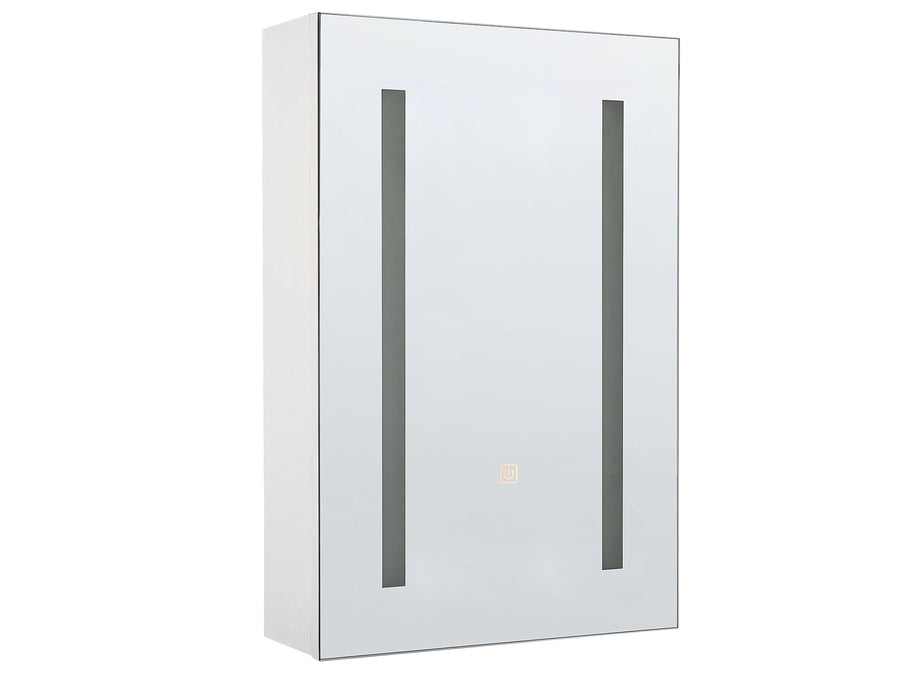White wall-mounted cabinet with glass panels on a white background