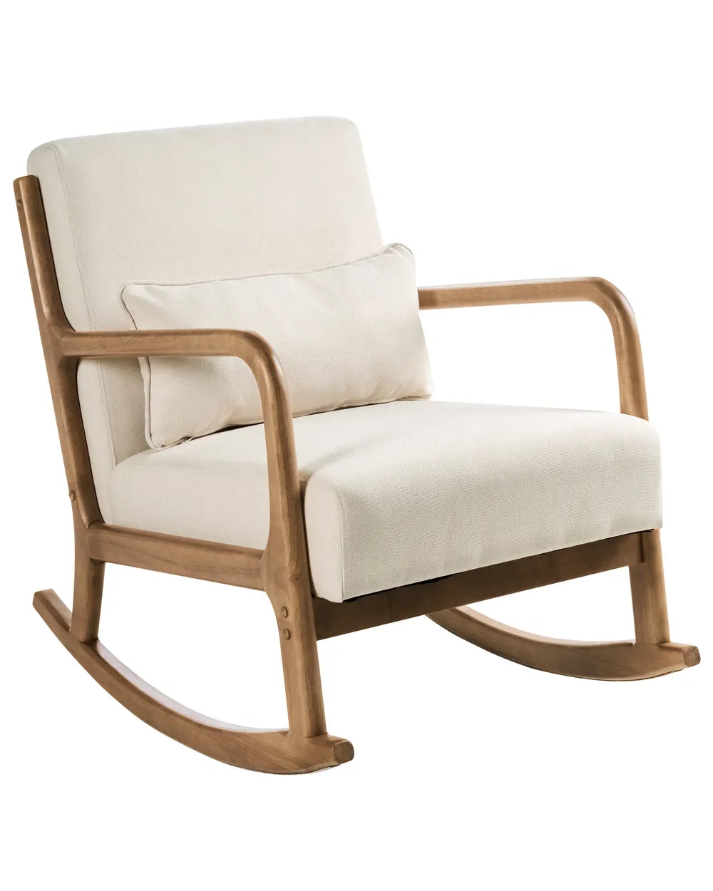 Rocking chair with wooden frame and white cushion on a white background