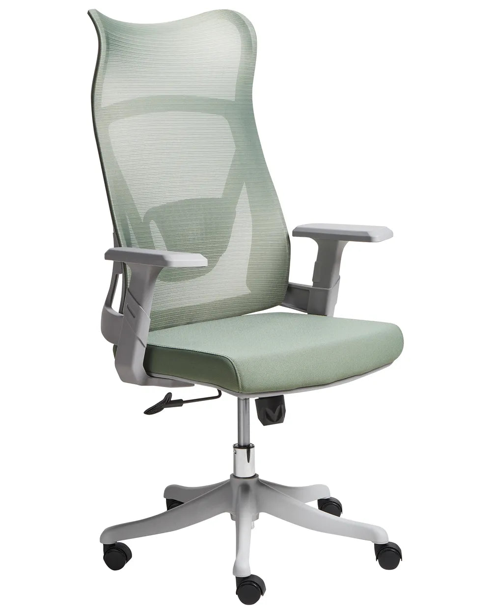 Green office chair with mesh back and armrests on a white background