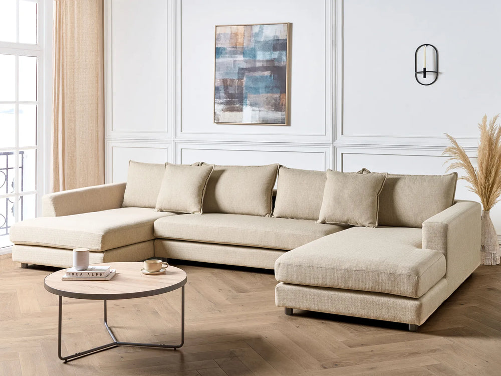 5 seater beige fabric corner sofa for living room