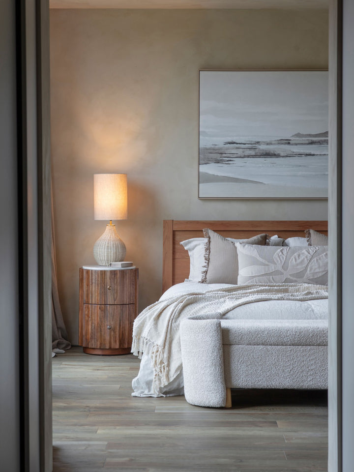 Libra Carmel Curved Wooden 2 Drawer Ridged Bedside Table with White Marble Top