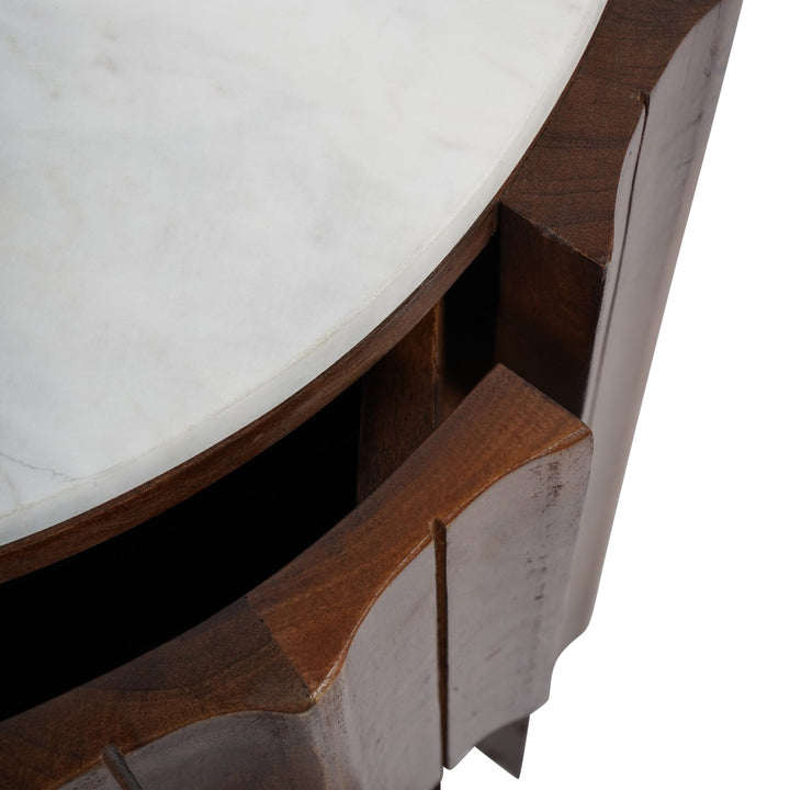 Libra Carmel Curved Wooden 2 Drawer Ridged Bedside Table with White Marble Top