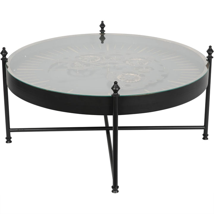 Round glass-top coffee table with black metal frame on a white background