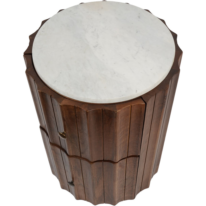 Libra Carmel Curved Wooden 2 Drawer Ridged Bedside Table with White Marble Top