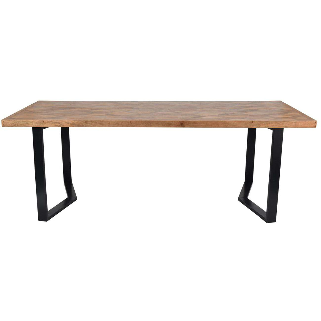 Wooden table with black metal legs on a white background