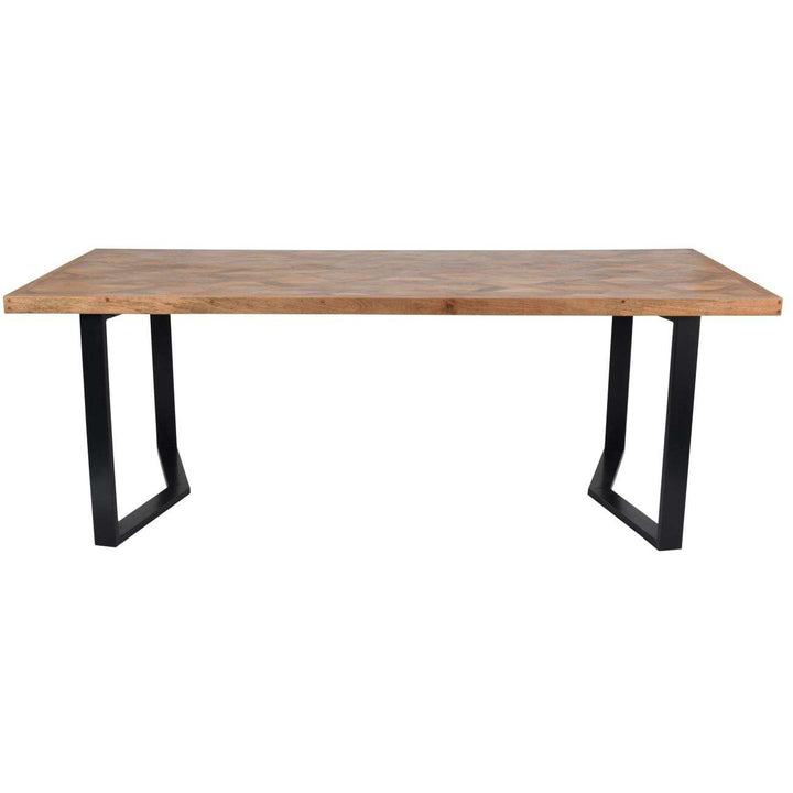 Wooden table with black metal legs on a white background