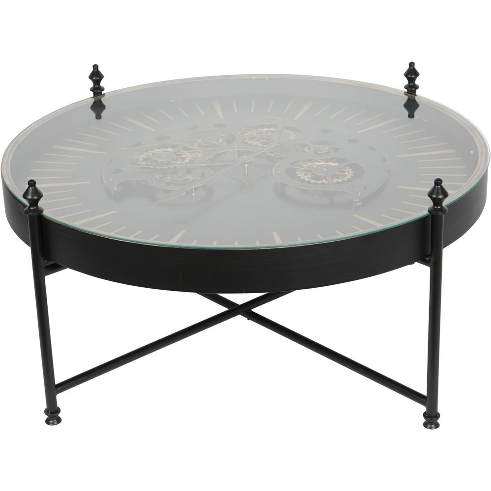 Round glass-top coffee table with black metal frame on a white background