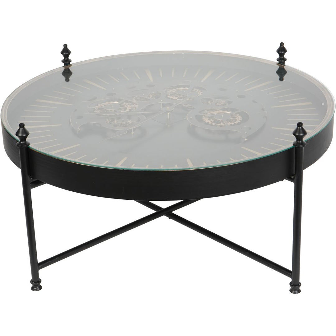 Round glass-top coffee table with black metal frame on a white background